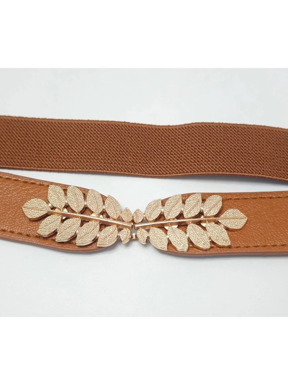 Elegant Elastic Belt With Gold Leaf Buckle Decoration Set of 3 - Black White & B